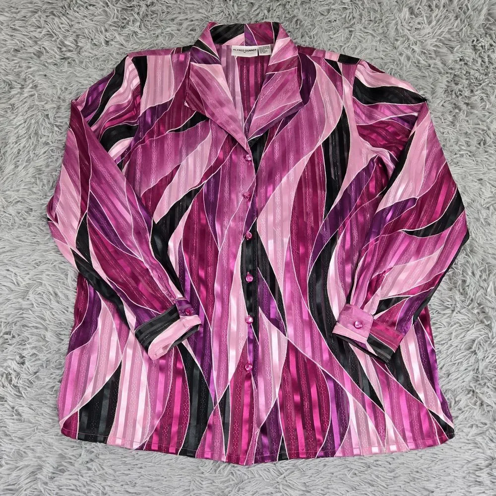 Alfred Dunner Womens 14 Purple Sheen Colorblock Long Sleeve Button Front Shirt - Picture 2 of 6